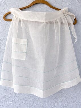 Vintage Sheer Organza Apron White with Blue Stitching Cottagecore Half Apron